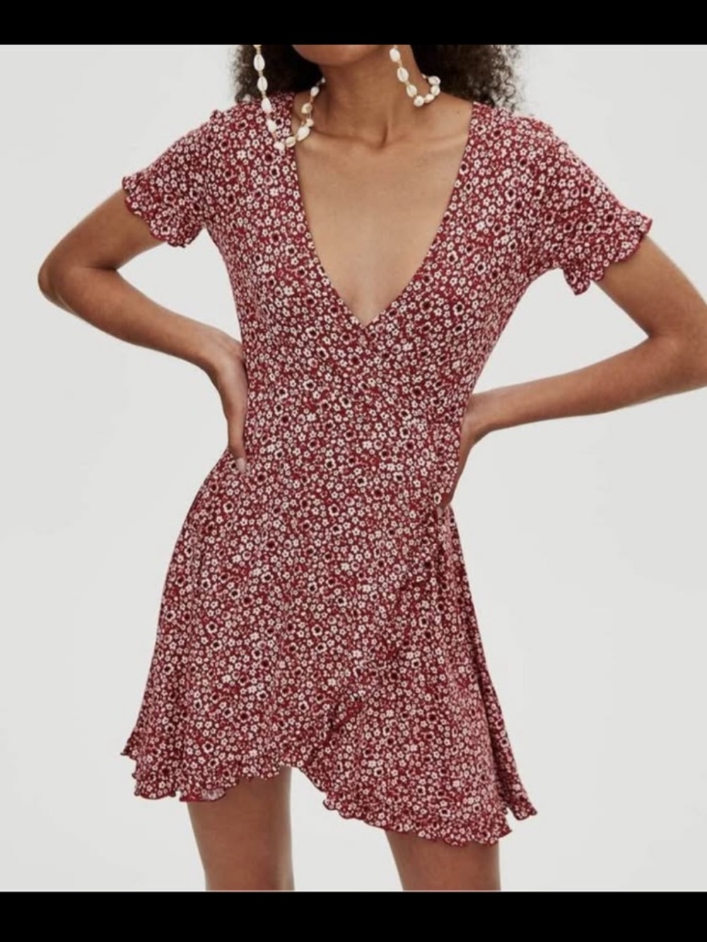 Pull&Bear Burgundy Floral Wrap Mini Dress